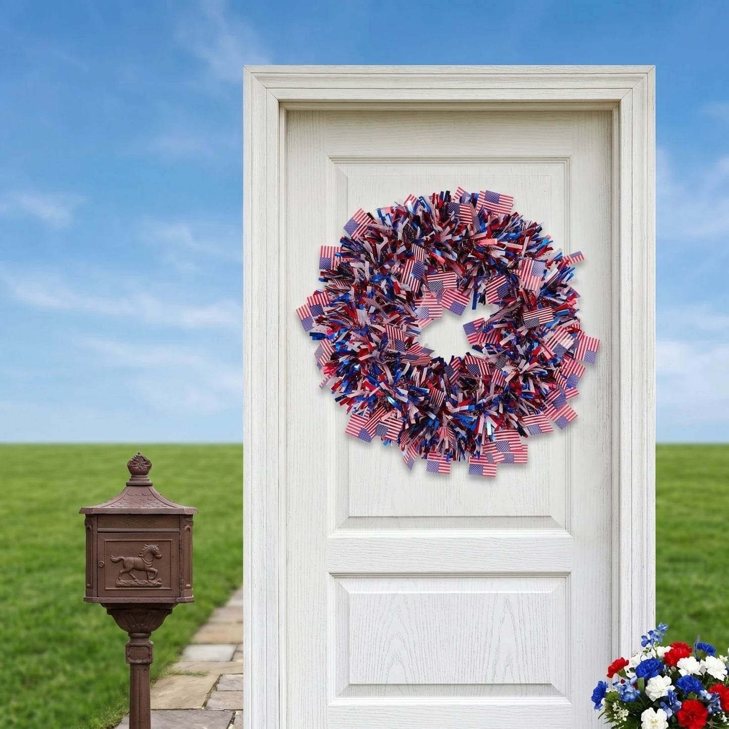 American Independence Day Wreath Patriotic 250th Anniversary Tinsel Door Wreath Red Blue White Flag Star Decorations 4th Of July
