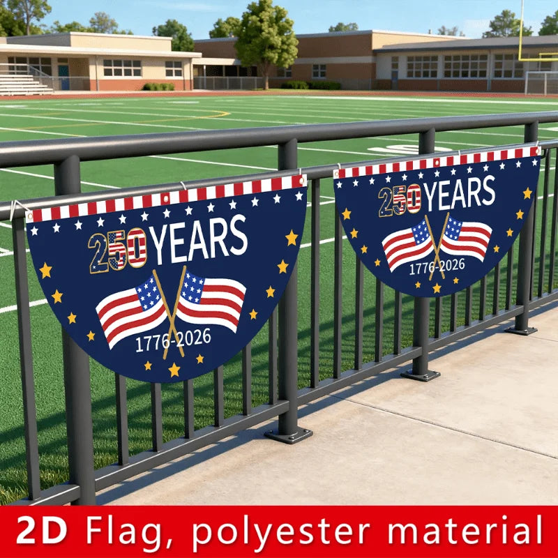 250th US founding anniversary, fan-shaped flag banner, flat design, patriotic background decor for anniversary party