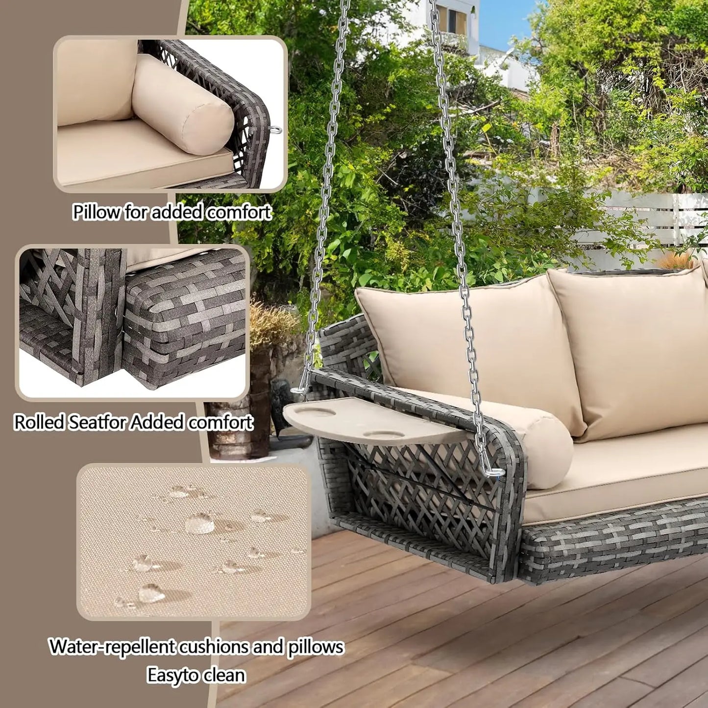 Huanzhuang 3 Seat Outdoor Wicker Porch Swing Cushions Included