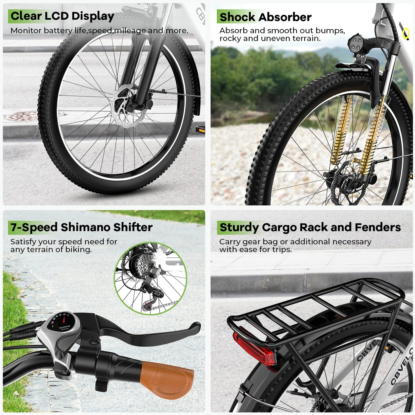 Cybervelo 1000W Peak Electric Bike for Adults 26" 7-Speed Removable Battery Ebike Up to 80 Miles Range Commuter Electric Bicycle for Beach Snow Men Women EK2