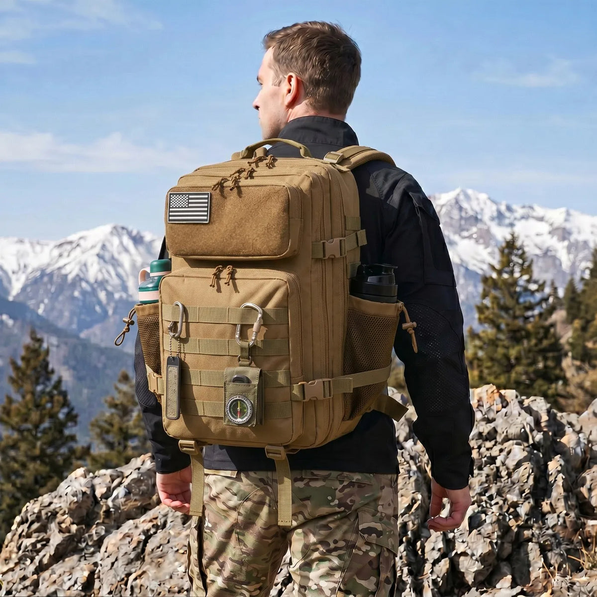 45L Large Capacity Tactical Fishing Backpack Angling Rucksack with Dual Water Bottle Cup Holders Outdoor Camping Fishing Tackle Storage Backpack for Sea Fishing Bank Fishing Hiking Trekking Travel Sports EDC Daily Carry Outdo