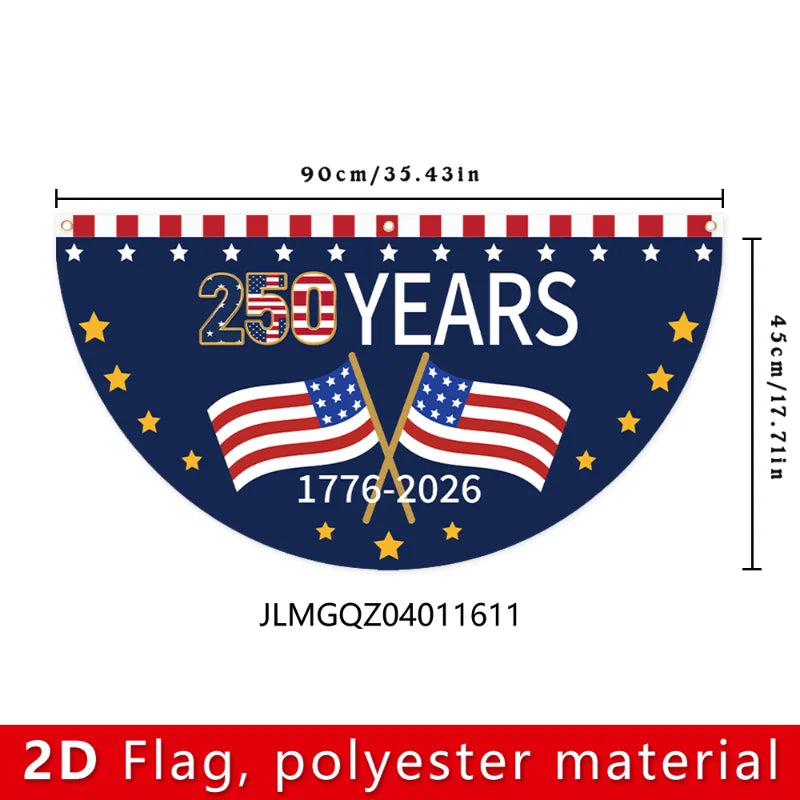 250th US founding anniversary, fan-shaped flag banner, flat design, patriotic background decor for anniversary party
