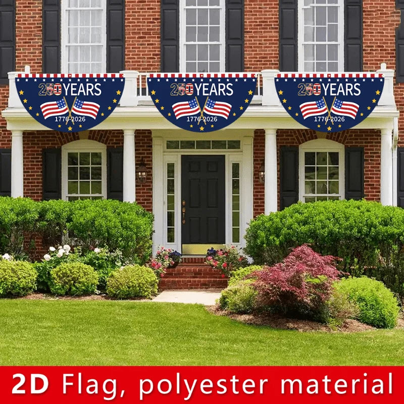 250th US founding anniversary, fan-shaped flag banner, flat design, patriotic background decor for anniversary party