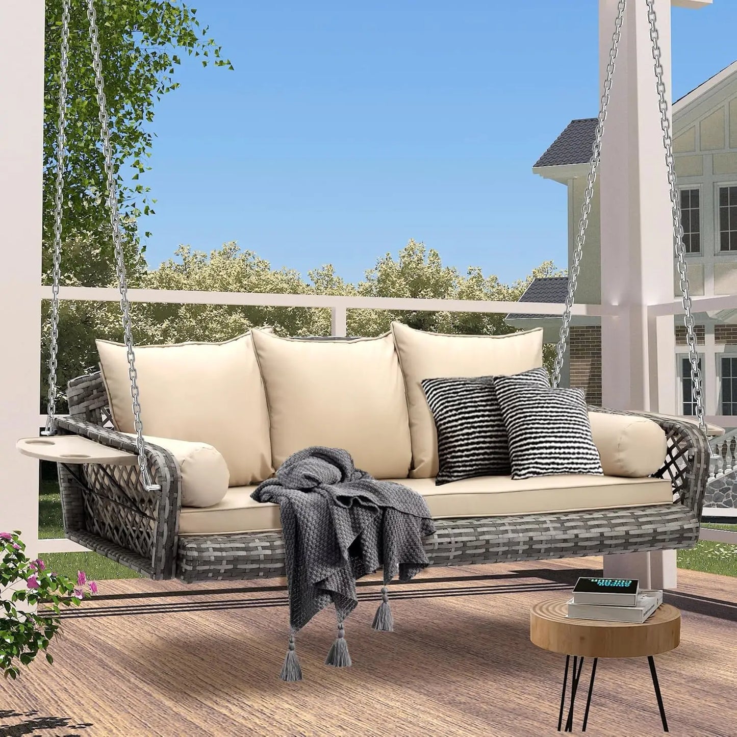 Huanzhuang 3 Seat Outdoor Wicker Porch Swing Cushions Included