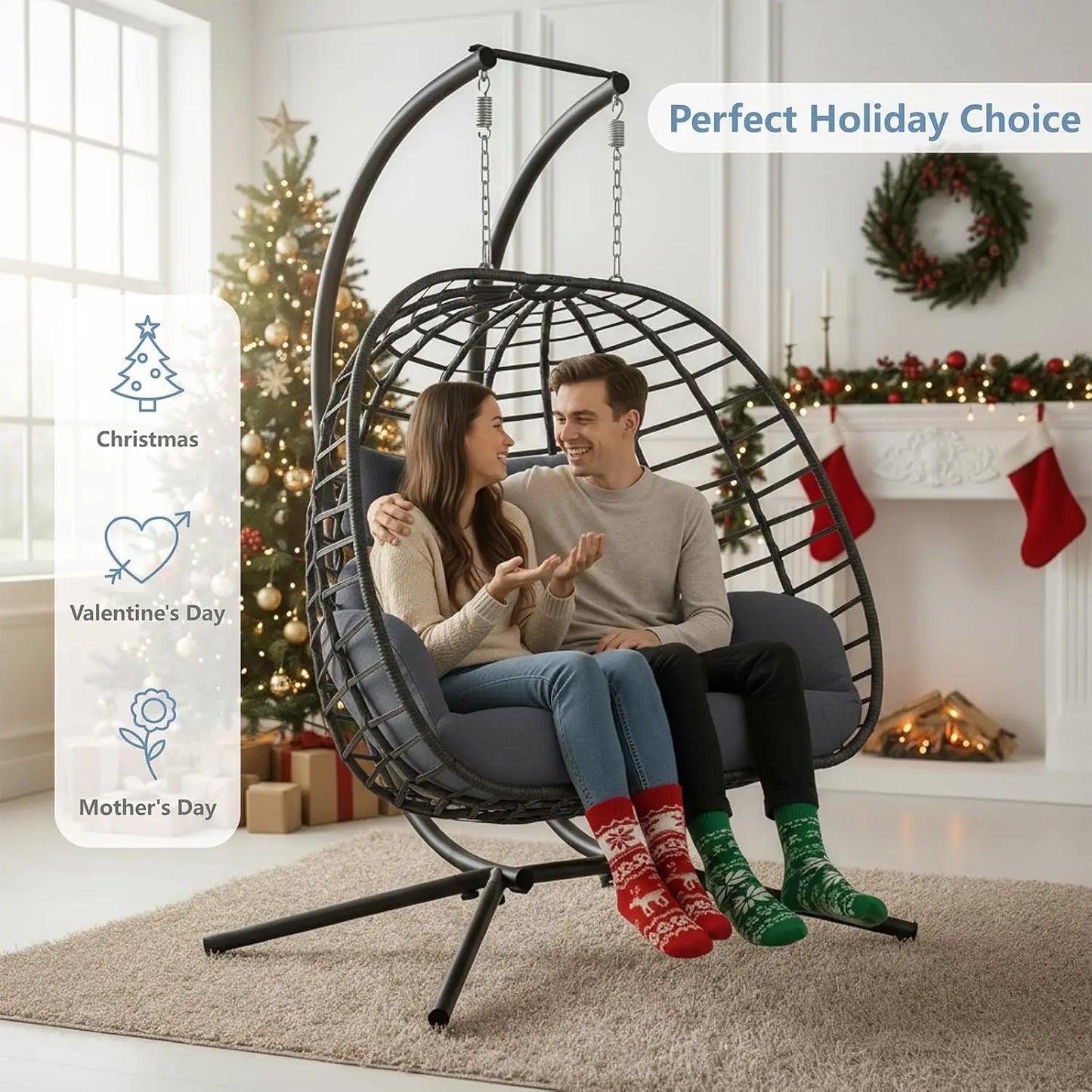 HUANZHUANG Double Egg Swing Chair With Stand Outdoor Patio