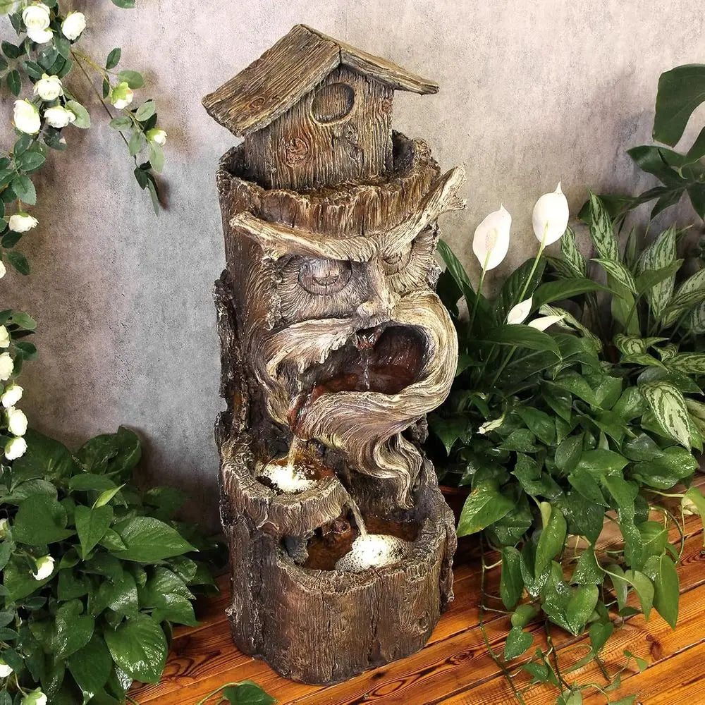 Outdoor Cascading Waterfall Tree Trunk Fountain With LED Lights 3 Tiers