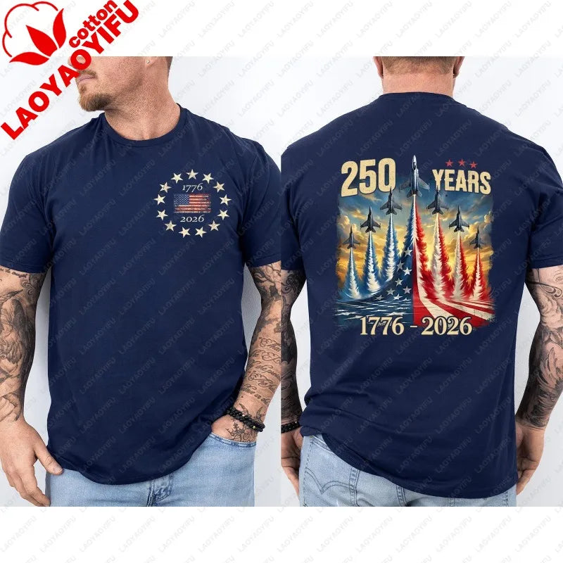 250 Years America Anniversary Clothing Fighter Jets 250th Birthday Front & Back T-Shirt 2025-2026 Shirt Men Casual Cotton Tops