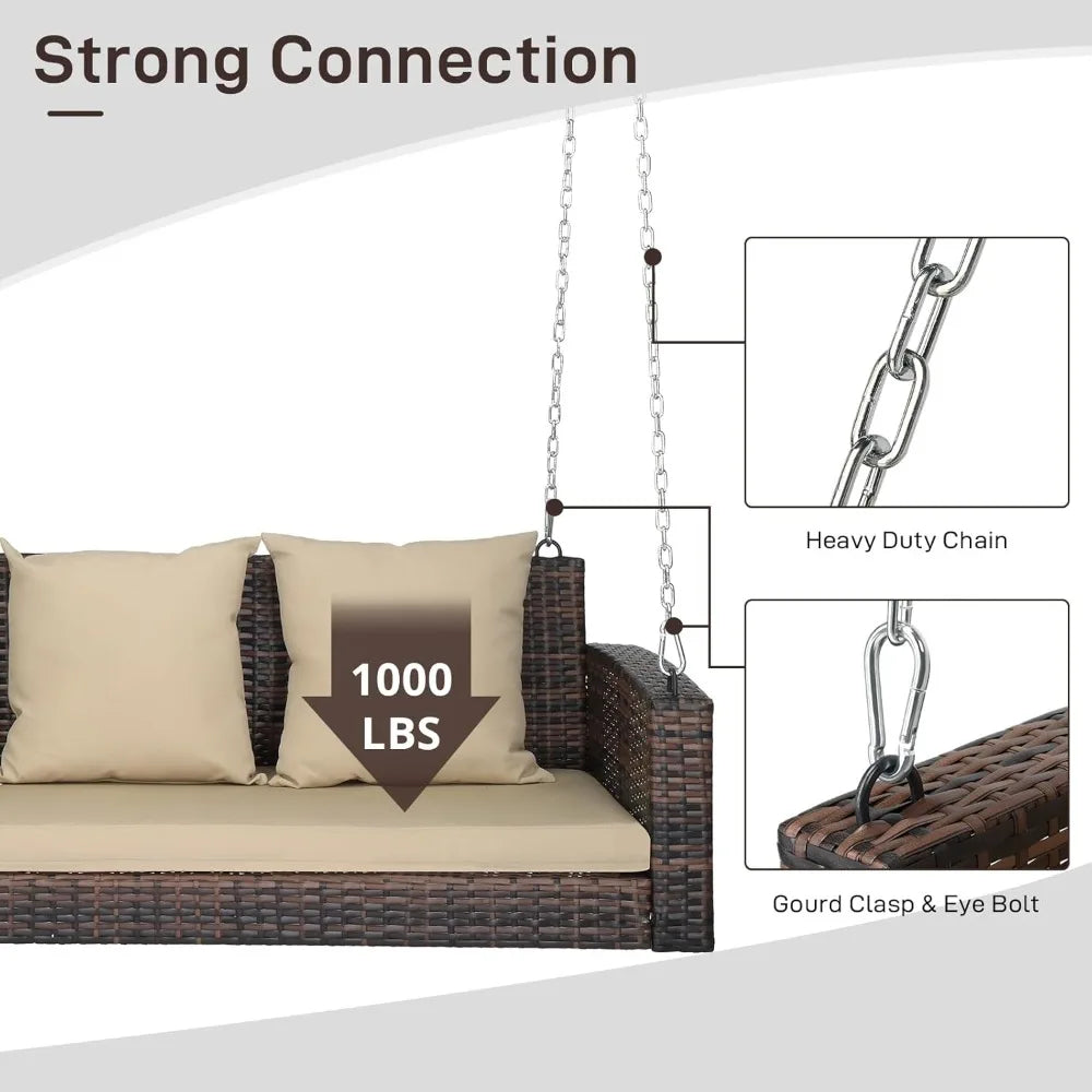 MKDK Three-Person Wicker Porch Swing With Cushions