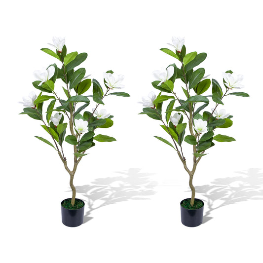2 Sets Artificial Magnolia Tree Faux Plant with Realistic Leaves and Blooms,Potted Fake Floral Tree for Indoor Outdoor Decor