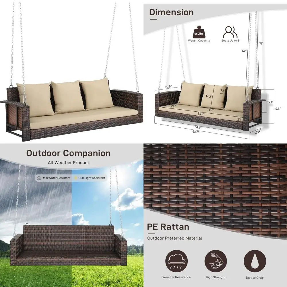 MKDK Three-Person Wicker Porch Swing With Cushions