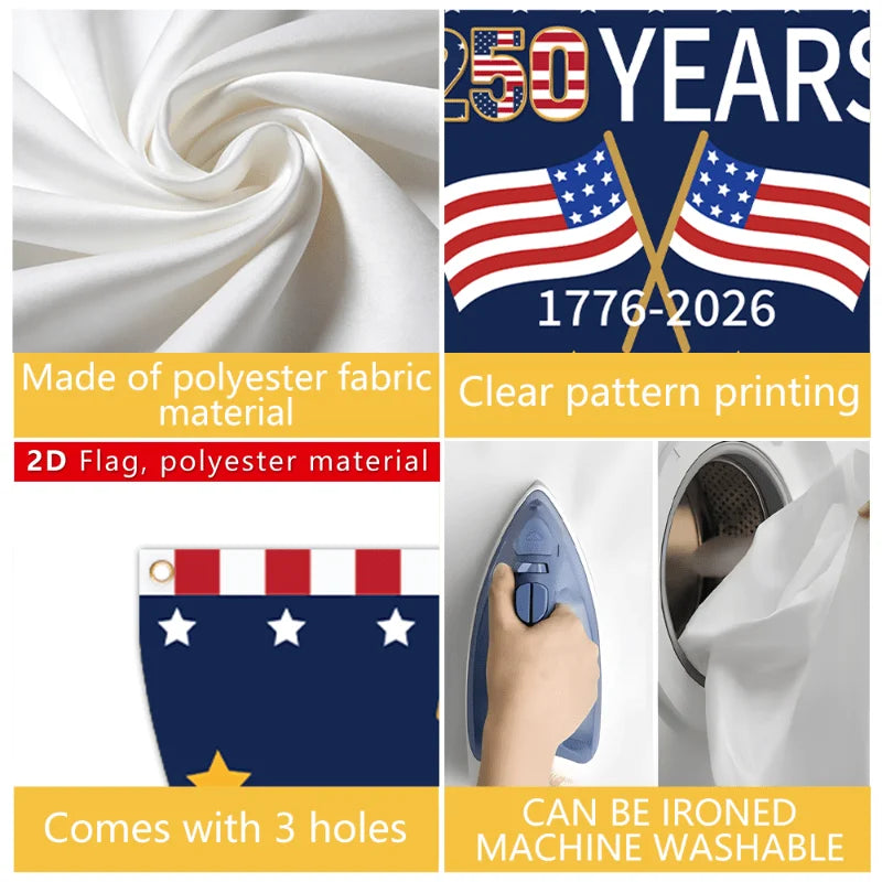 250th US founding anniversary, fan-shaped flag banner, flat design, patriotic background decor for anniversary party