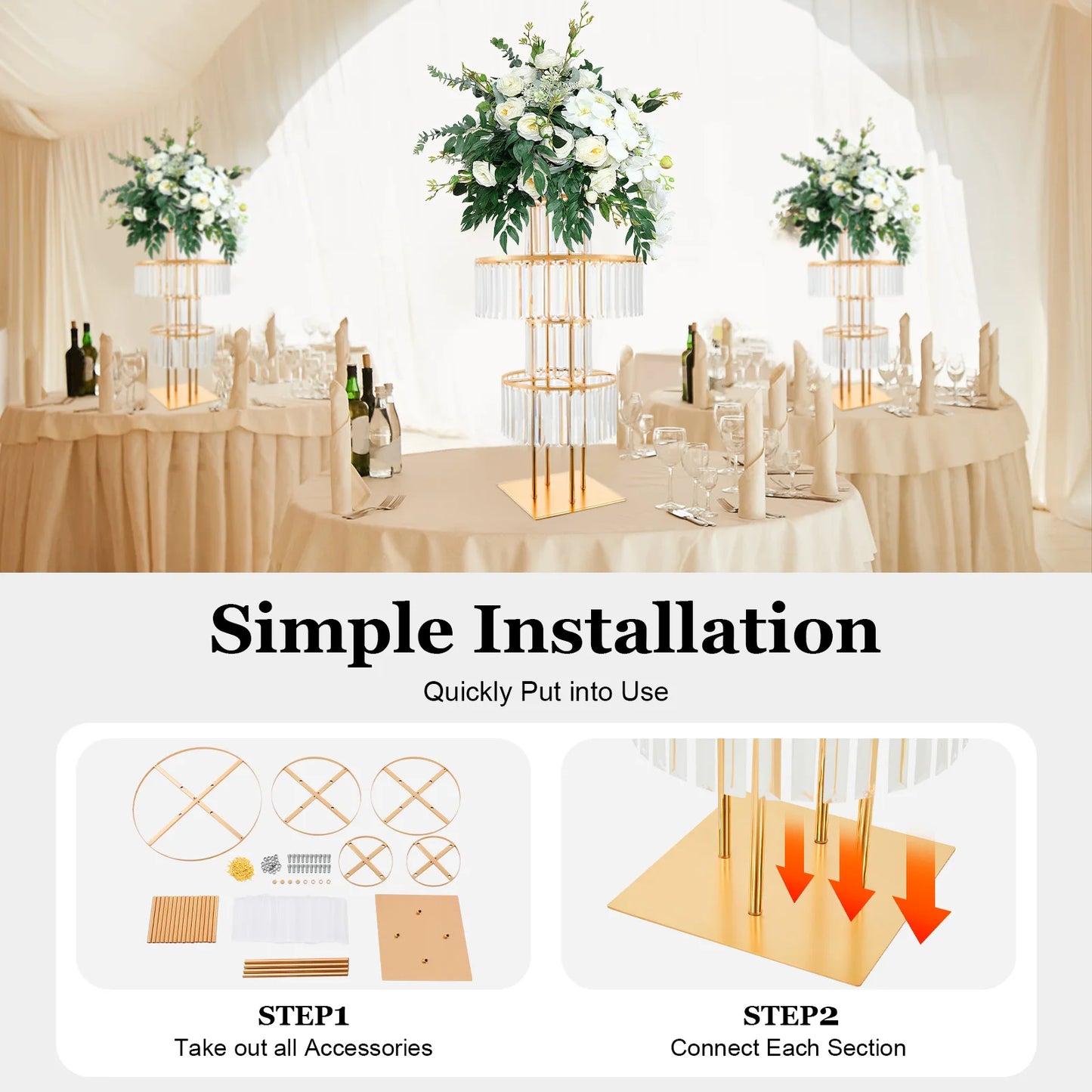 5 Tiers Wedding Centerpieces Flower Stand, 110cm Acrylic Crystal Flower Vase Rack Floor Table Decor Display Holder, Gold/Silver
