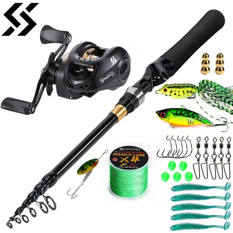 Sougayilang Telescopic Fishing Combo 1.8-2.4m Carbon Fiber Fishing Rod 8.1:1 Max Drag 11LB Fishing Reel With Fishing Accessories