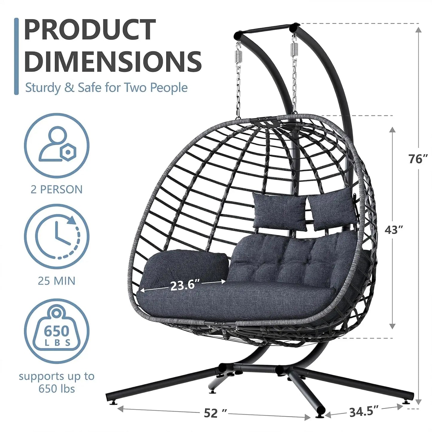 HUANZHUANG Double Egg Swing Chair With Stand Outdoor Patio