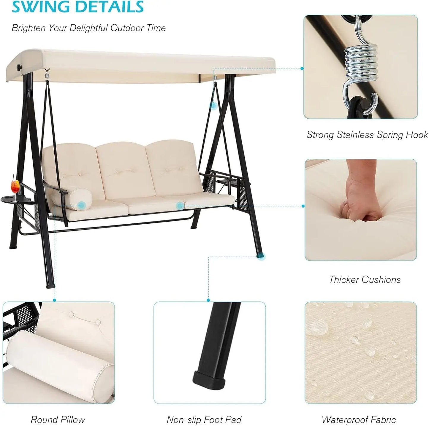 HUANZHUANG Outdoor Porch Swing With Adjustable Canopy