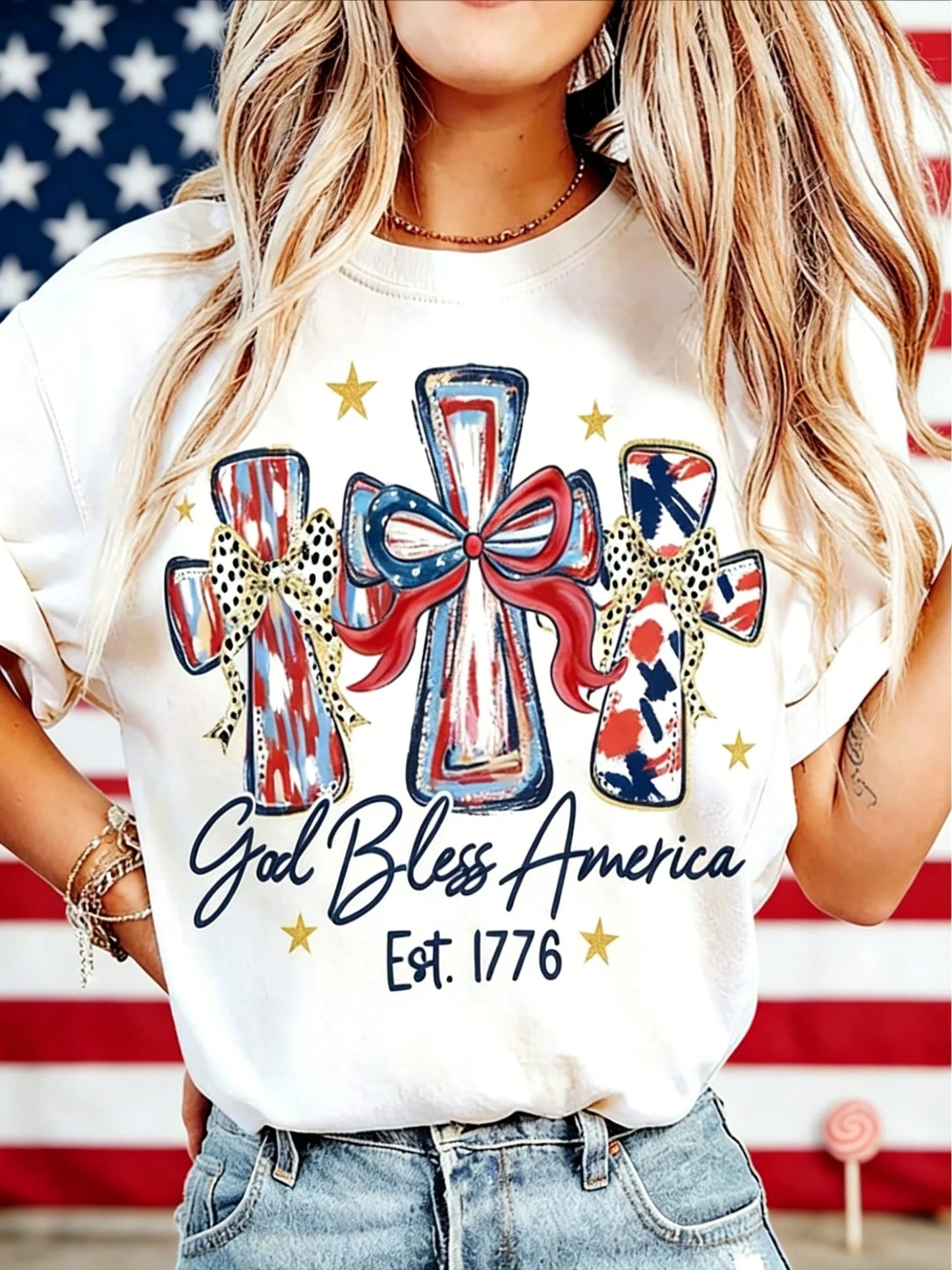 American 250th Anniversary Celebration Apparel Graphic Women's T-Shirt, God Bless America Independence Day Fashion Summer Tops