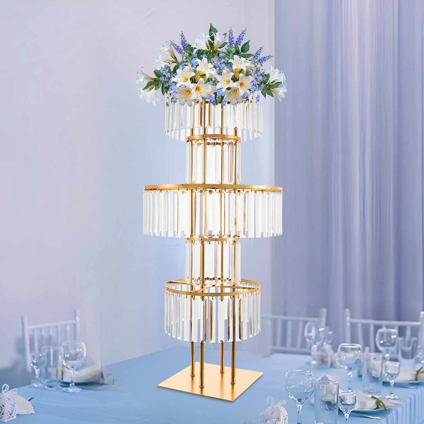 5 Tiers Wedding Centerpieces Flower Stand, 110cm Acrylic Crystal Flower Vase Rack Floor Table Decor Display Holder, Gold/Silver