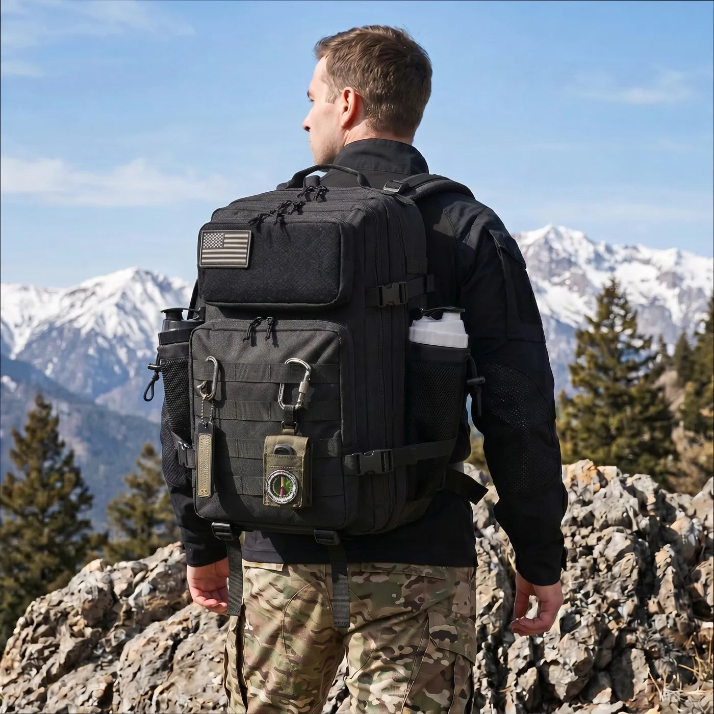 45L Large Capacity Tactical Fishing Backpack Angling Rucksack with Dual Water Bottle Cup Holders Outdoor Camping Fishing Tackle Storage Backpack for Sea Fishing Bank Fishing Hiking Trekking Travel Sports EDC Daily Carry Outdo