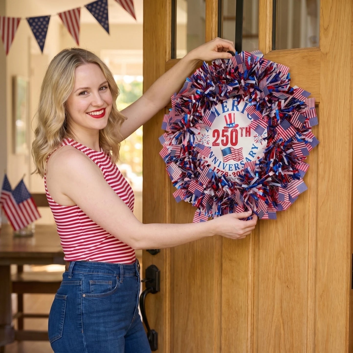 American Independence Day Wreath Patriotic 250th Anniversary Tinsel Door Wreath Red Blue White Flag Star Decorations 4th Of July