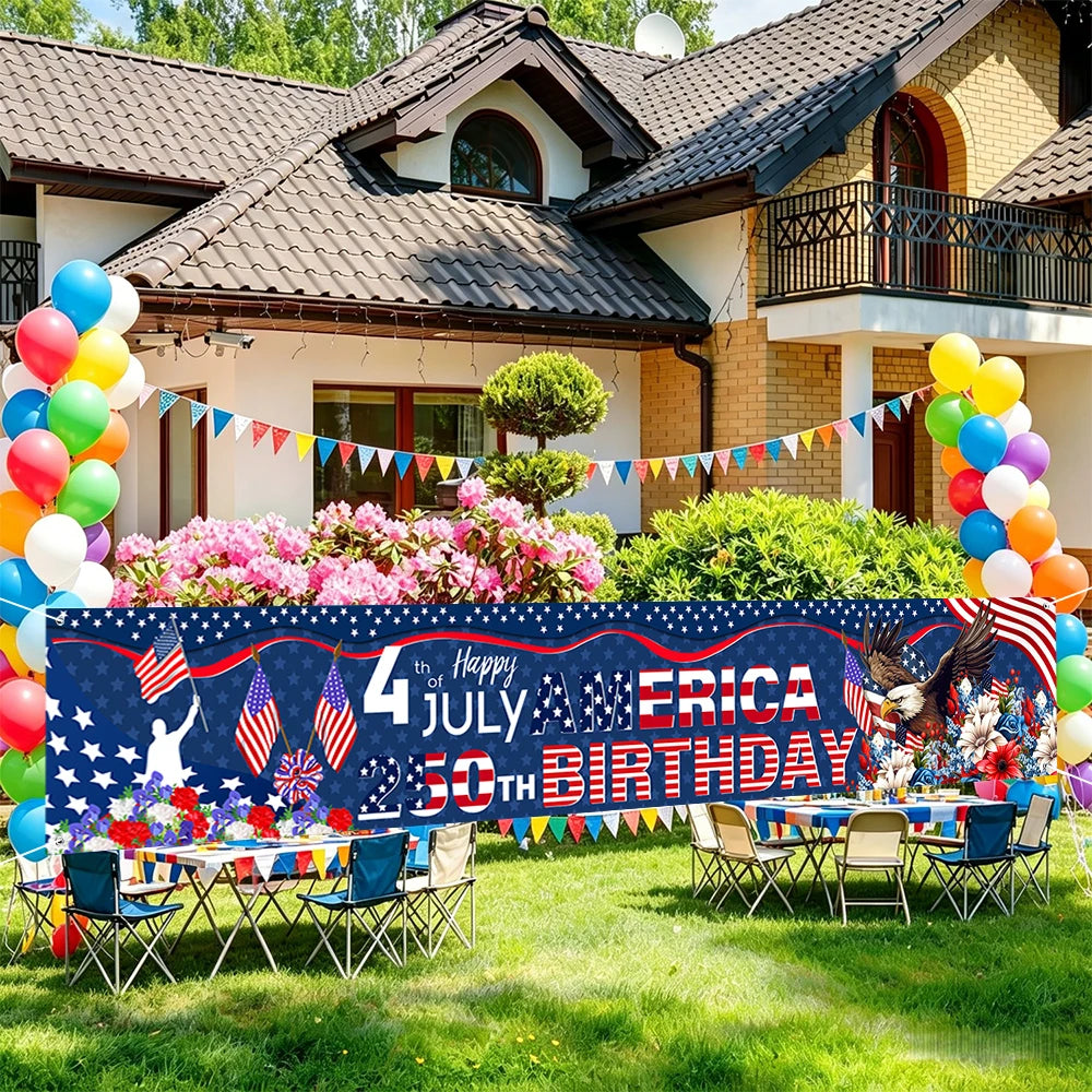4th of July America 250th Birthday Banner American Flag Eagle Floral Print Polyester Backdrop for Independence Day Party Decor