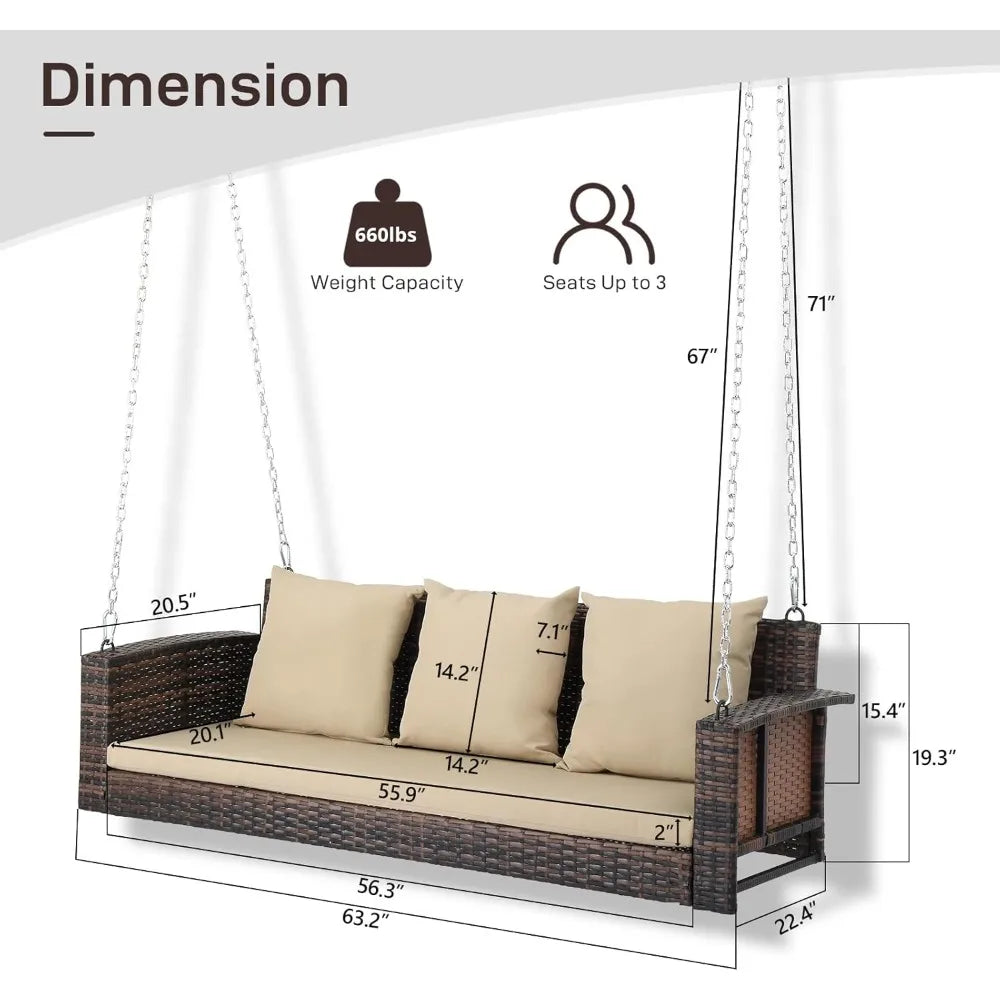 MKDK Three-Person Wicker Porch Swing With Cushions