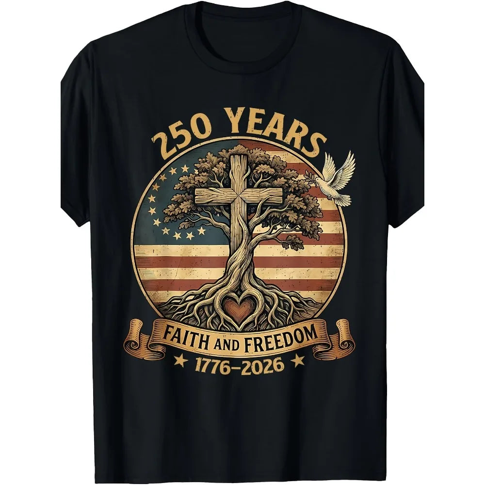 250 Years Faith and Freedom Christian USA 250th Anniversary T-Shirt | Casual Wear, Vintage Style, Crew Neck, Regular Fit,