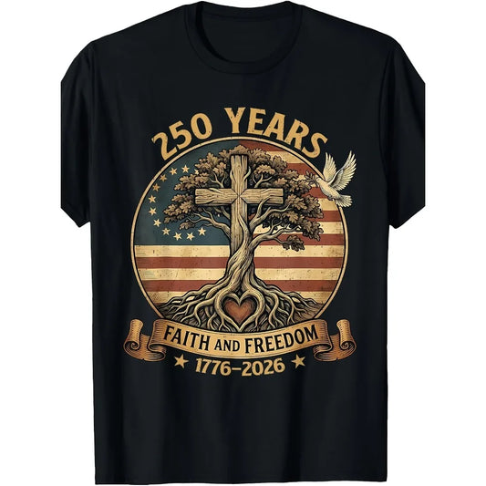 250 Years Faith and Freedom Christian USA 250th Anniversary T-Shirt | Casual Wear, Vintage Style, Crew Neck, Regular Fit,
