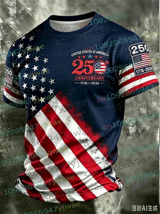 America 250th Anniversary 3D Print Mens TShirt USA Flag 1776–2026 Patriotic American Independence Day Apparel Fourth Of July Top