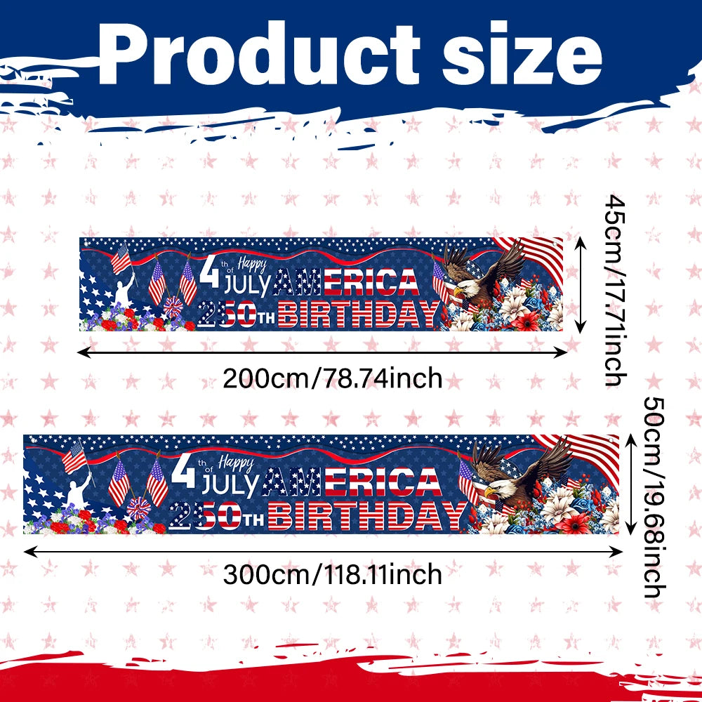 4th of July America 250th Birthday Banner American Flag Eagle Floral Print Polyester Backdrop for Independence Day Party Decor