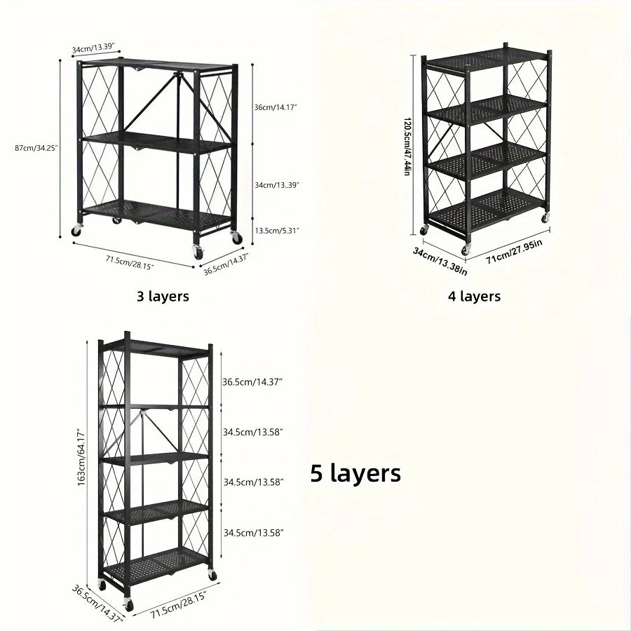 3/4/5-layer Heavy-duty Foldable Metal Storage Rack With Wheels For Movable Organization, Suitable For Garage Kitchens With A Loa