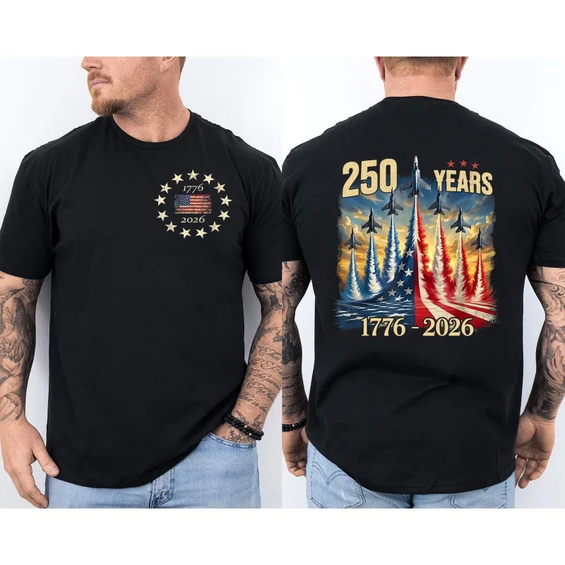 250 Years America Anniversary Clothing Fighter Jets 250th Birthday Front & Back T-Shirt 2025-2026 Shirt Men Casual Cotton Tops
