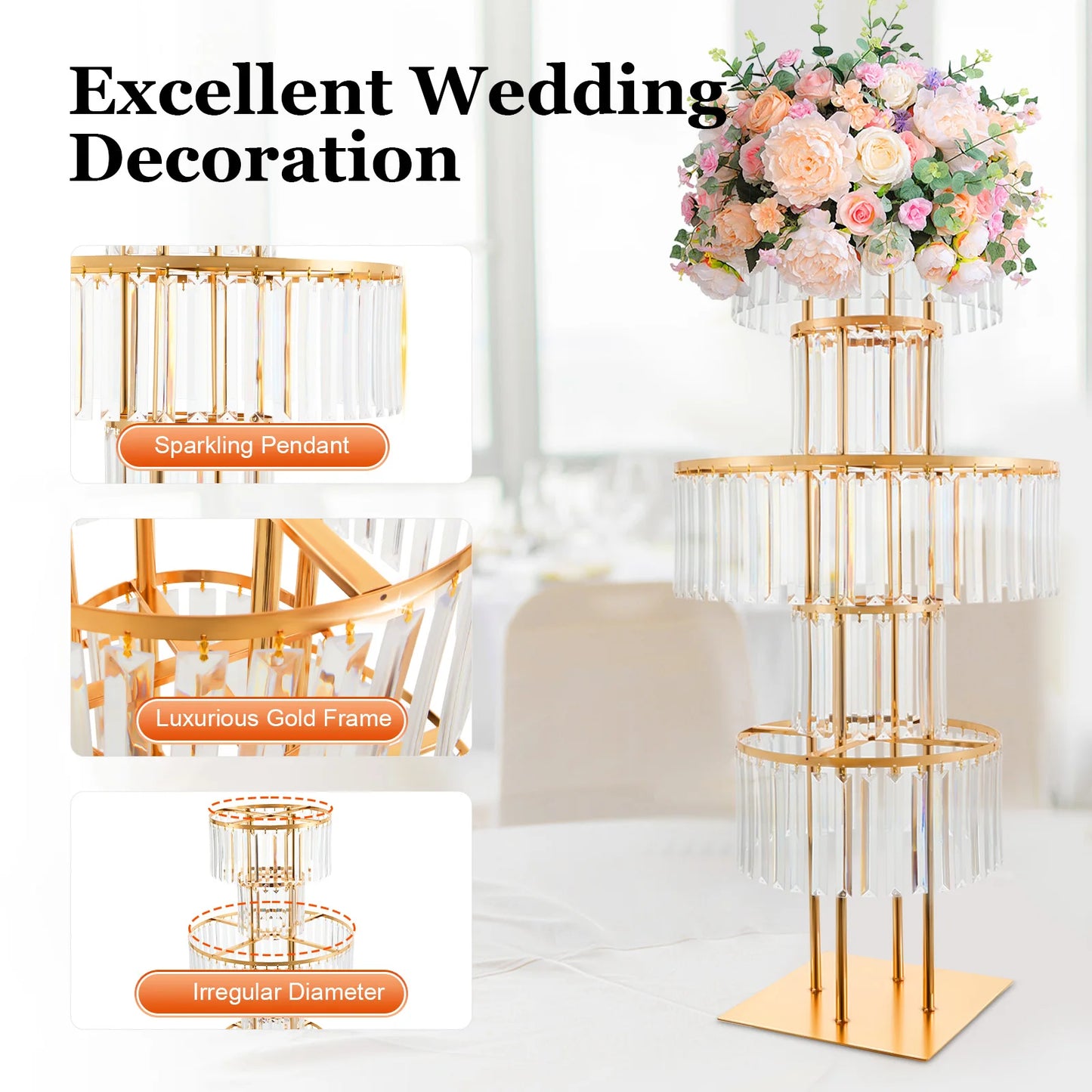 5 Tiers Wedding Centerpieces Flower Stand, 110cm Acrylic Crystal Flower Vase Rack Floor Table Decor Display Holder, Gold/Silver