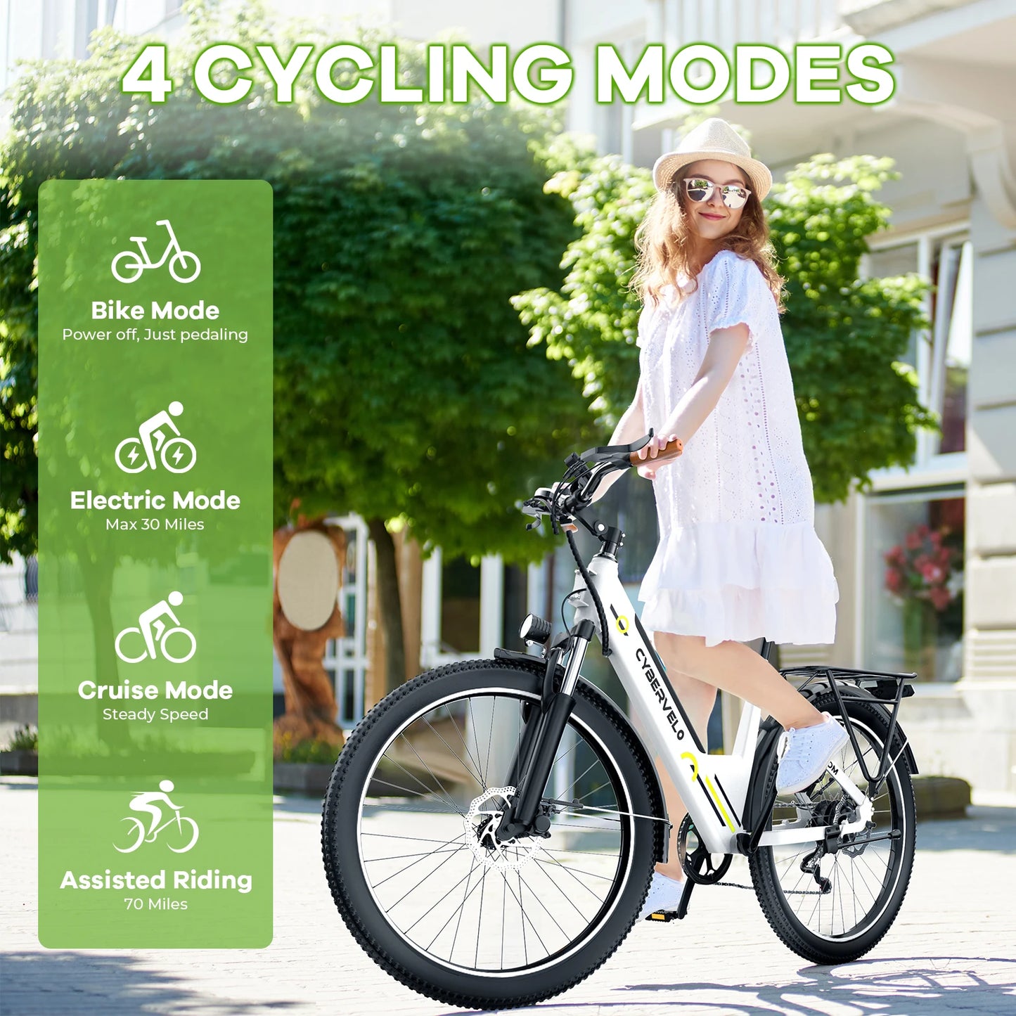 Cybervelo 1000W Peak Electric Bike for Adults 26" 7-Speed Removable Battery Ebike Up to 80 Miles Range Commuter Electric Bicycle for Beach Snow Men Women EK2
