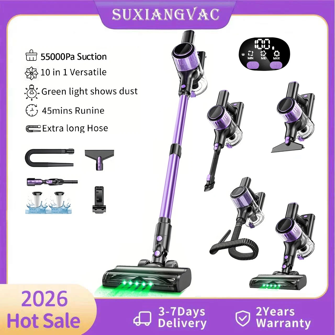 SUXIANGVACC Cordless Vacuum Cleaner 55KPa 500W 45min Run Time