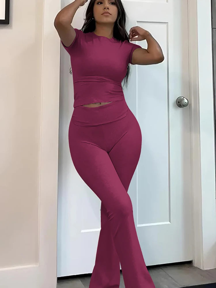 Women's Yoga Set Two-Piece Short Sleeve Top And Pants