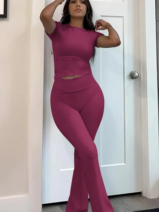 Women's Yoga Set Two-Piece Short Sleeve Top And Pants