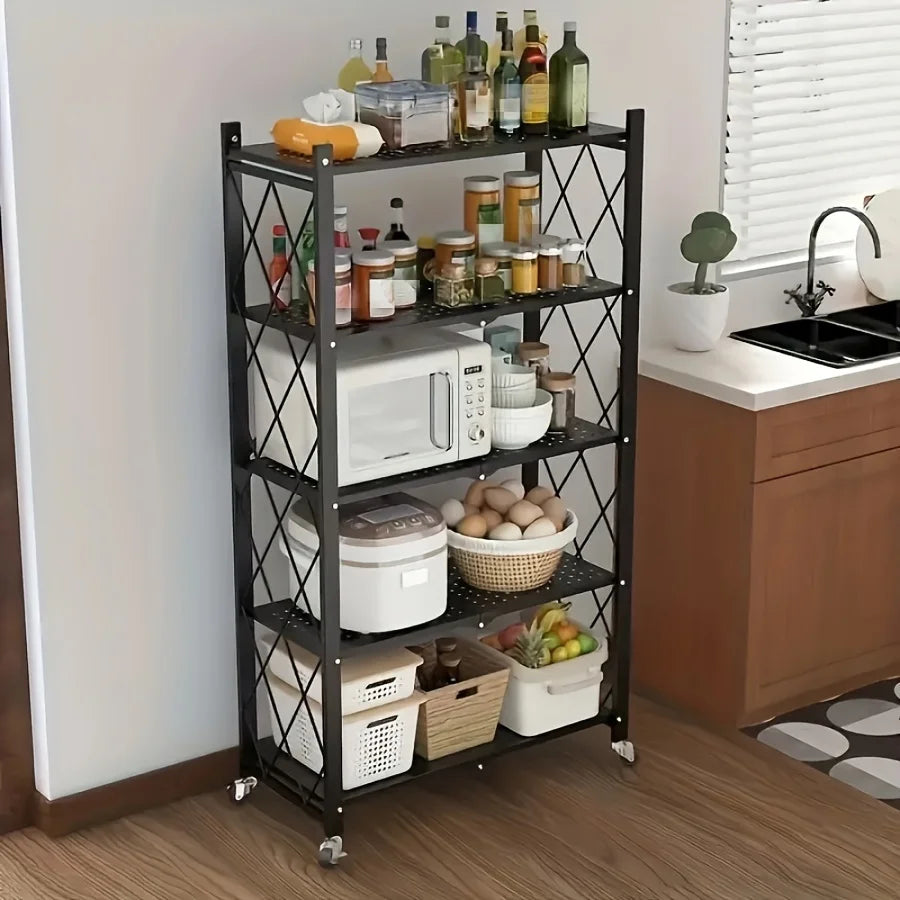 3/4/5-layer Heavy-duty Foldable Metal Storage Rack With Wheels For Movable Organization, Suitable For Garage Kitchens With A Loa
