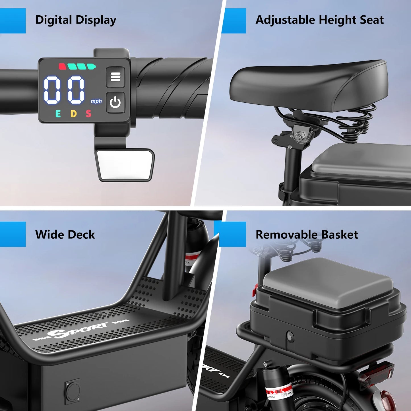 Foldable Electric Scooter 650W Motor 36V13AH Battery Safety LED Lights Storage Box LED Display Multi-Damping Features