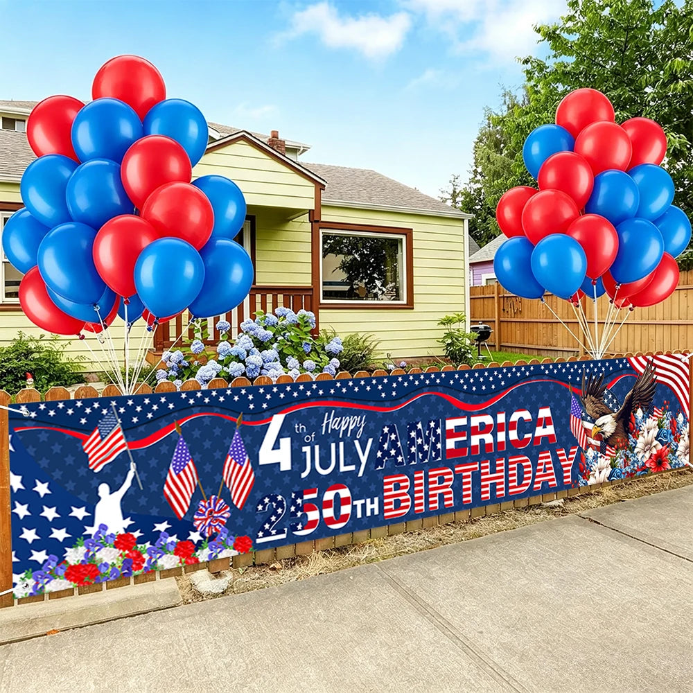 4th of July America 250th Birthday Banner American Flag Eagle Floral Print Polyester Backdrop for Independence Day Party Decor