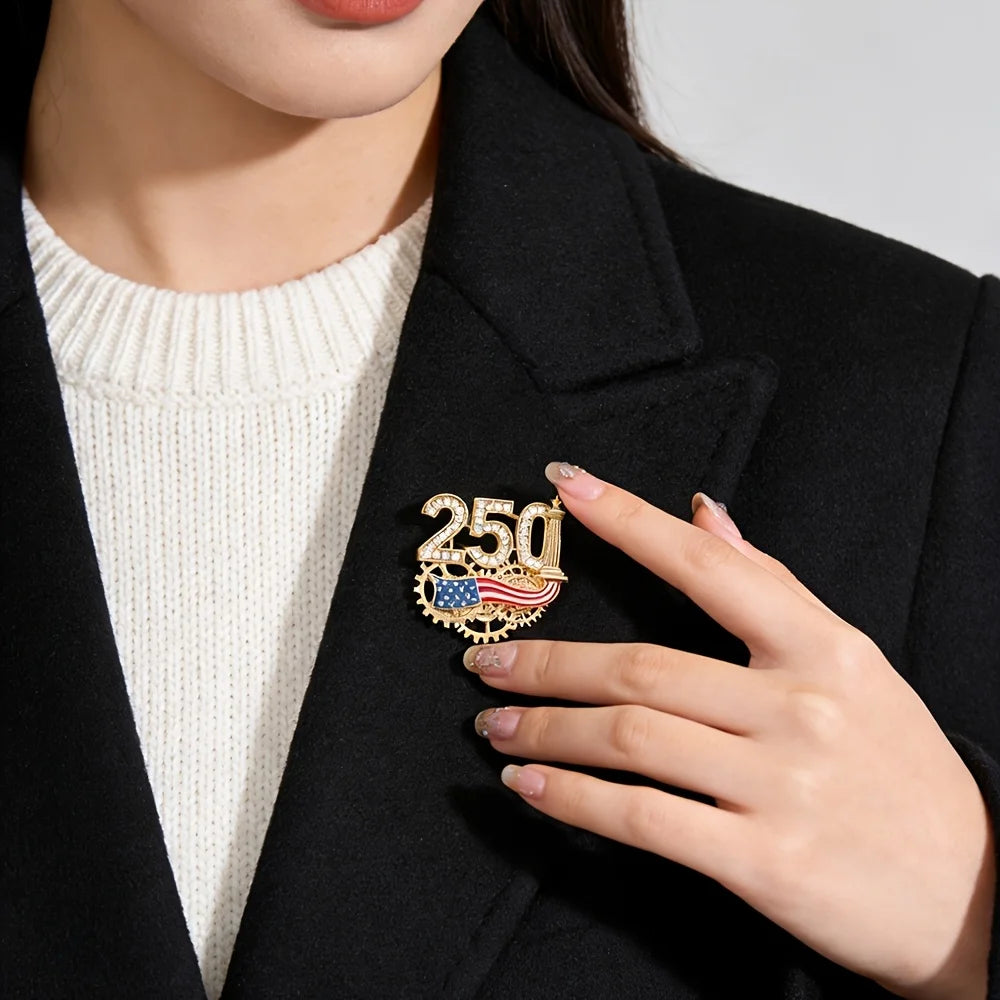US 250th Anniversary Commemorative Brooch for Men Women,American Patriotic Independence Day Rhinestone-Encrusted Zinc Alloy Pin.