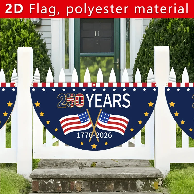 250th US founding anniversary, fan-shaped flag banner, flat design, patriotic background decor for anniversary party