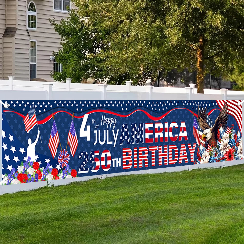 4th of July America 250th Birthday Banner American Flag Eagle Floral Print Polyester Backdrop for Independence Day Party Decor